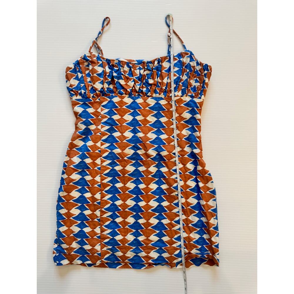 Maeve Anthropologie Ophelia Linen Blend Mini Dress 6 Blue Geometric Coastal - Picture 12 of 16